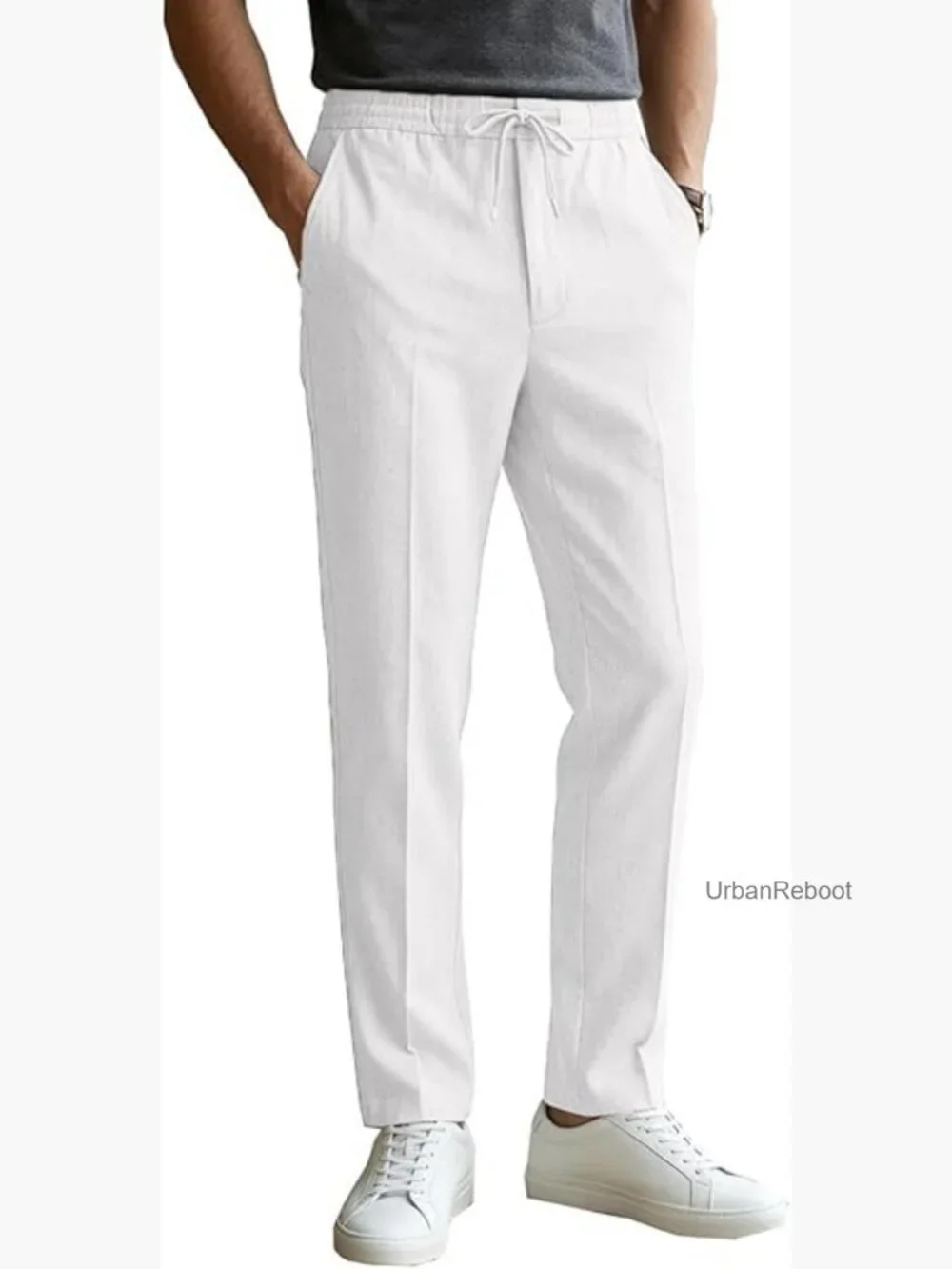 Mens Dress Pants Linen Cotton Lightweight Drawstring Elastic Waist Loose Fit